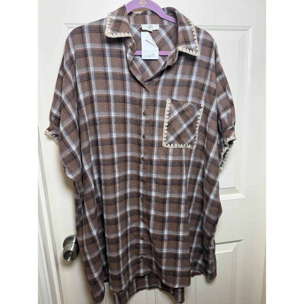 Entro Made Me Realize Dress Brown Plaid Blanket Stitch Shirt Dress Large NWT